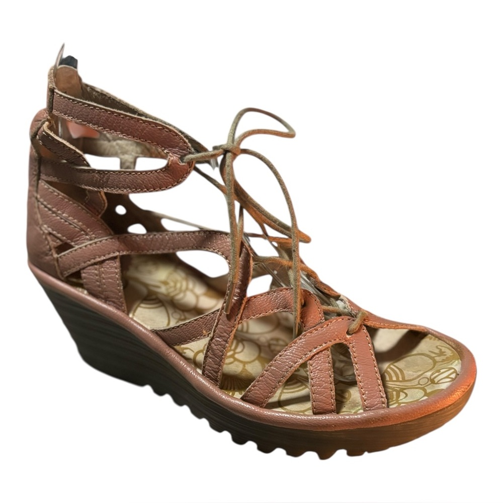 Fly London Tan Strappy Wedge Sandals